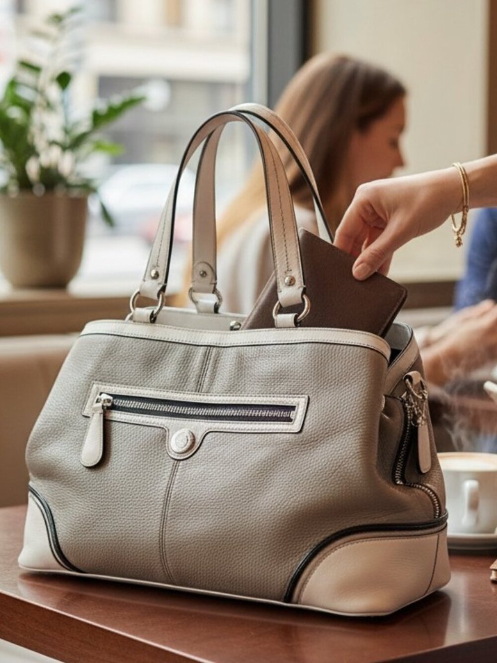 Vintage Coach Laura Spectator Kisslock Bag Gray Leather White Trim